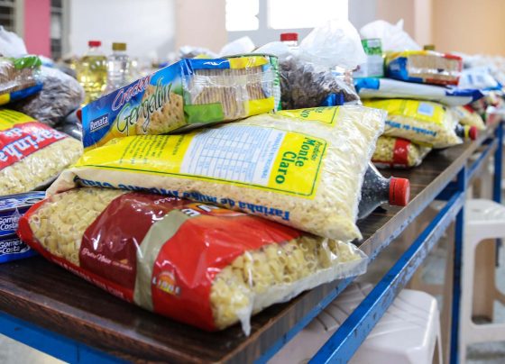 Uma mesa com diversas embalagens de alimentos como macarrão, óleo e outros produtos alimentícios dispostos de maneira organizada, ideal para campanhas de doação. Novo estudo mostra Paraná como estado que menos cobra imposto na cesta básica